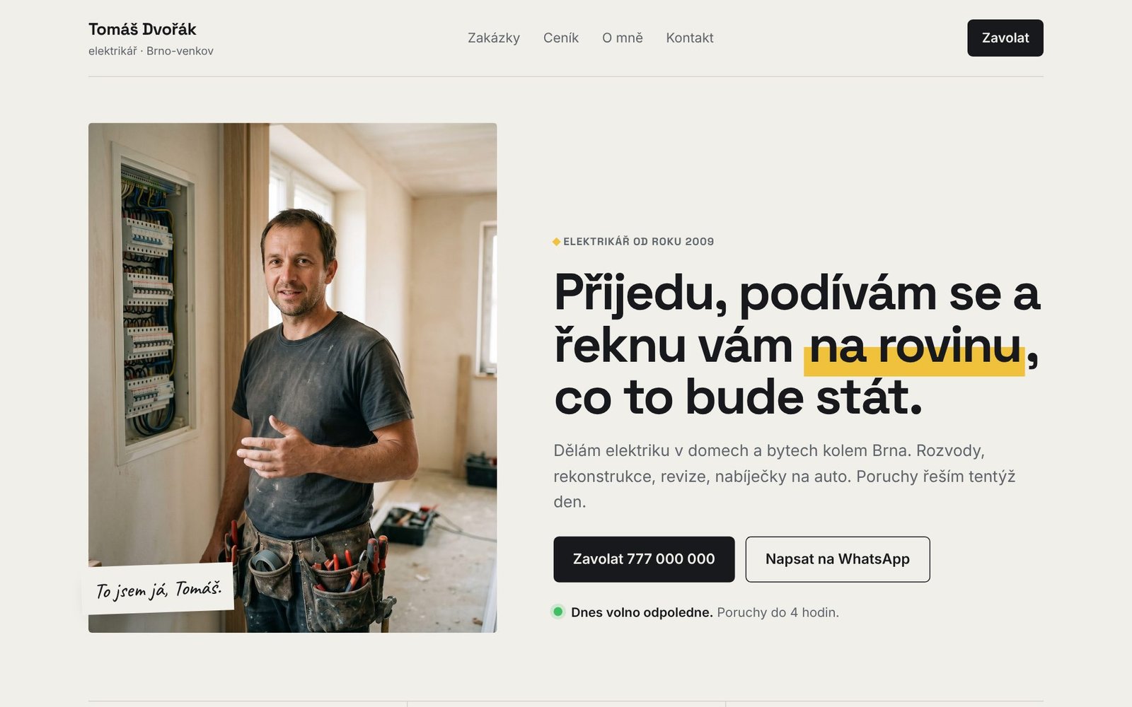 Web elektrikáře Tomáše Dvořáka na notebooku